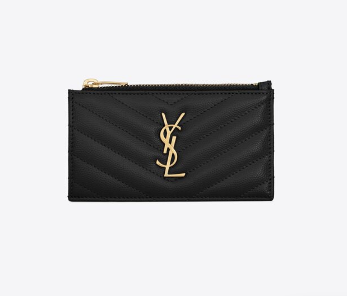 100% Brand new YSL Cassandre Matelassé zipped fragments card case in grain de poudre Embossed Leather 