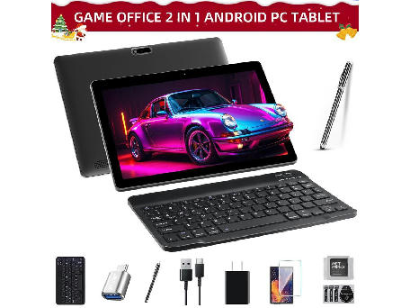 JIMTAB Android 13 Tablets Octa Core 10.1 inch 2 in 1 Android Tablet, 4GB Ram 64GB Rom Gaming Tablet with USB Adapter, Keyboard, Stylus, Tempered Film, GPS, WiFi, Bluetooth, Google Certificated Tablet