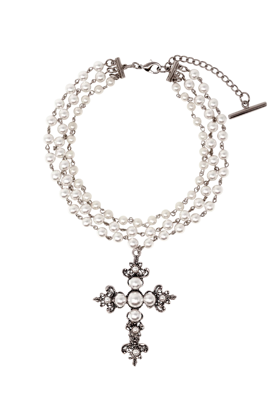 SILVER PEARL CROSS NECKLACE